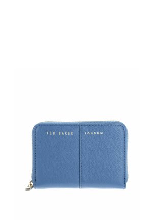 Portefeuille bleu Ted Baker London zippé avec finition cuir texturé et lettrage doré sur le devant, présenté sur fond blanc.
