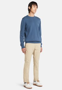 Maglione di cotone blu con colletto rotondo, abbinato a chinos beige e scarpe bianche con accenti marroni. Design semplice, vestibilità casual.