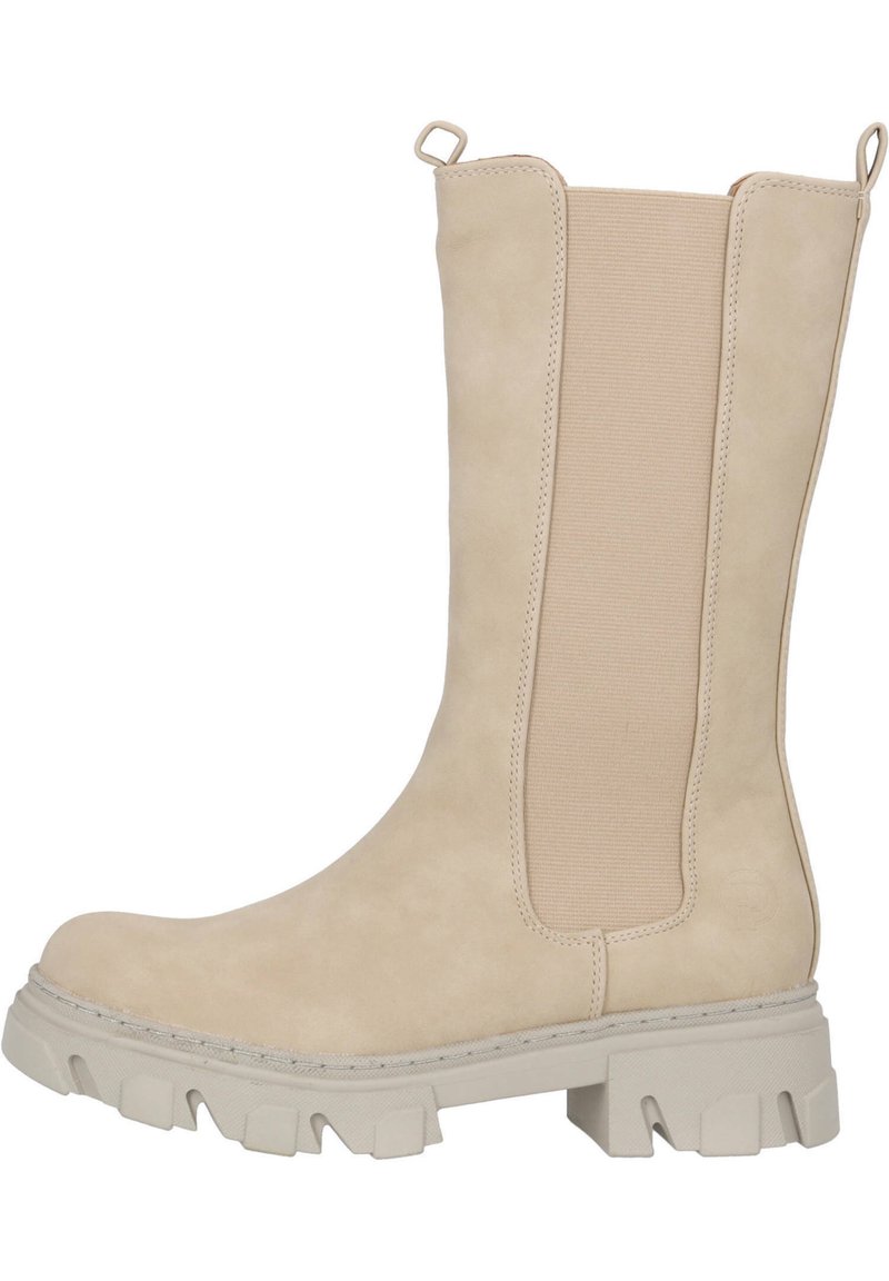 Botín beige hasta la rodilla con un acabado de ante suave, paneles laterales elásticos, suela de goma gruesa y un lazo para ponerlo fácilmente.