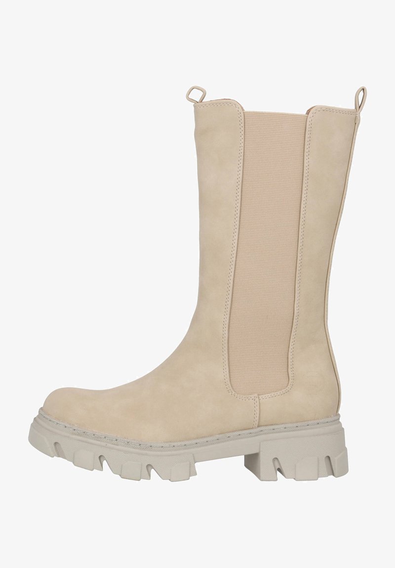 Botín beige hasta la rodilla con un acabado de ante suave, paneles laterales elásticos, suela de goma gruesa y un lazo para ponerlo fácilmente.