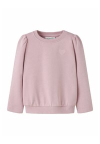 Helles rosa Kinder-Sweatshirt mit langen Ärmeln, gepufften Schultern und einem kleinen gestickten Herz auf der Brust.