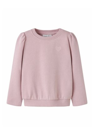 Felpa per bambini a maniche lunghe di colore rosa chiaro, con spalle a palloncino e un piccolo cuore ricamato sul petto.