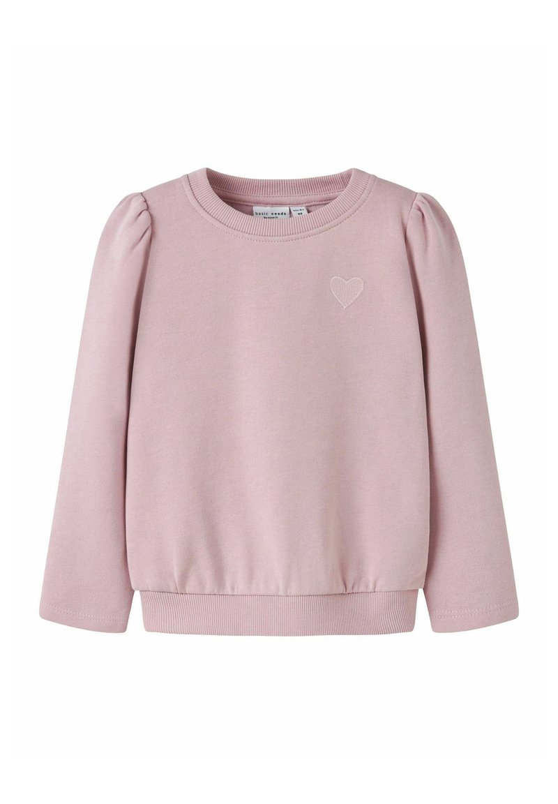 Helles rosa Kinder-Sweatshirt mit langen Ärmeln, gepufften Schultern und einem kleinen gestickten Herz auf der Brust.