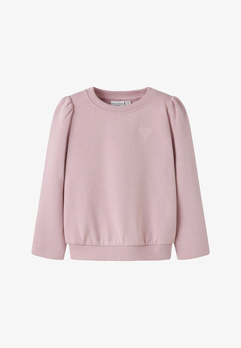 Sudadera infantil de manga larga de color rosa claro con hombros abullonados y un pequeño corazón bordado en el pecho.