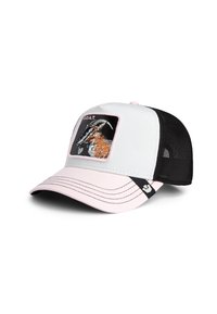 Casquette de camionneur avec une face avant blanche et un dos en maille noire. Accents roses, motif de chèvre brodé et texte "G.O.A.T." sur le devant.