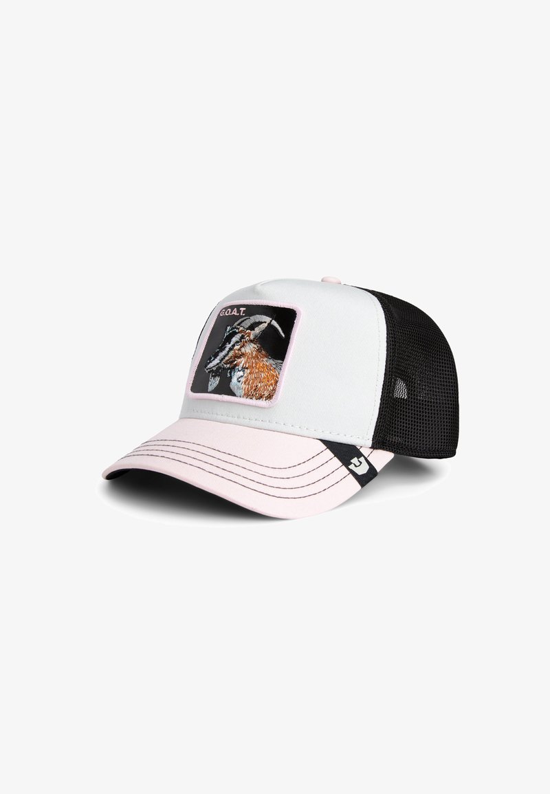 Trucker cap featuring a white front and black mesh back. Pink accents, embroidered goat graphic, and "G.O.A.T." text on the front.