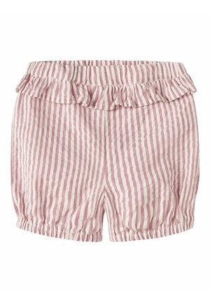 Shorts bébé rayés verticalement rose et blanc avec taille froncée et ouvertures élastiquées aux jambes, en tissu léger.