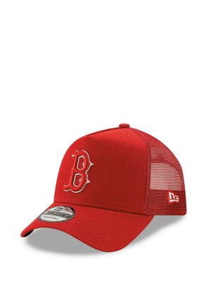 Red baseball cap with a solid fabric front, mesh back, curved brim, and white embroidered "B" logo on the front. Adjustable size.