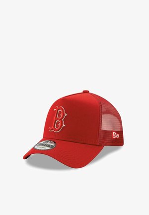 Red baseball cap with a solid fabric front, mesh back, curved brim, and white embroidered "B" logo on the front. Adjustable size.