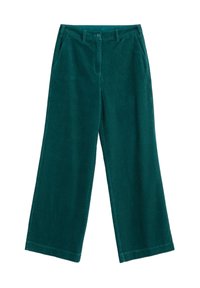 Pantalones de pana de pierna ancha en color verde azulado con cierre de botón, bolsillos frontales y textura de canalé vertical. Bajo limpio sin adornos visibles.