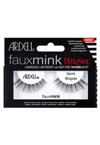 Nep-mink valse wimpers in zwart met een wisperontwerp. Verpakt in een zwart kaart met een doorzichtige plastic hoes en productdetails in meerdere talen.