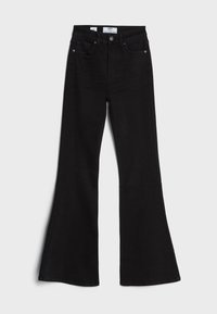 Schwarze ausgestellte Jeans aus Denim. Mit hoher Taille, fünf Taschen und typischer Naht. Insgesamt glatte Textur mit einem sauberen Finish.