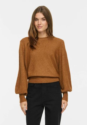 Femme aux longs cheveux bruns portant un pull marron à manches longues bouffantes et un pantalon noir taille haute sur fond blanc.