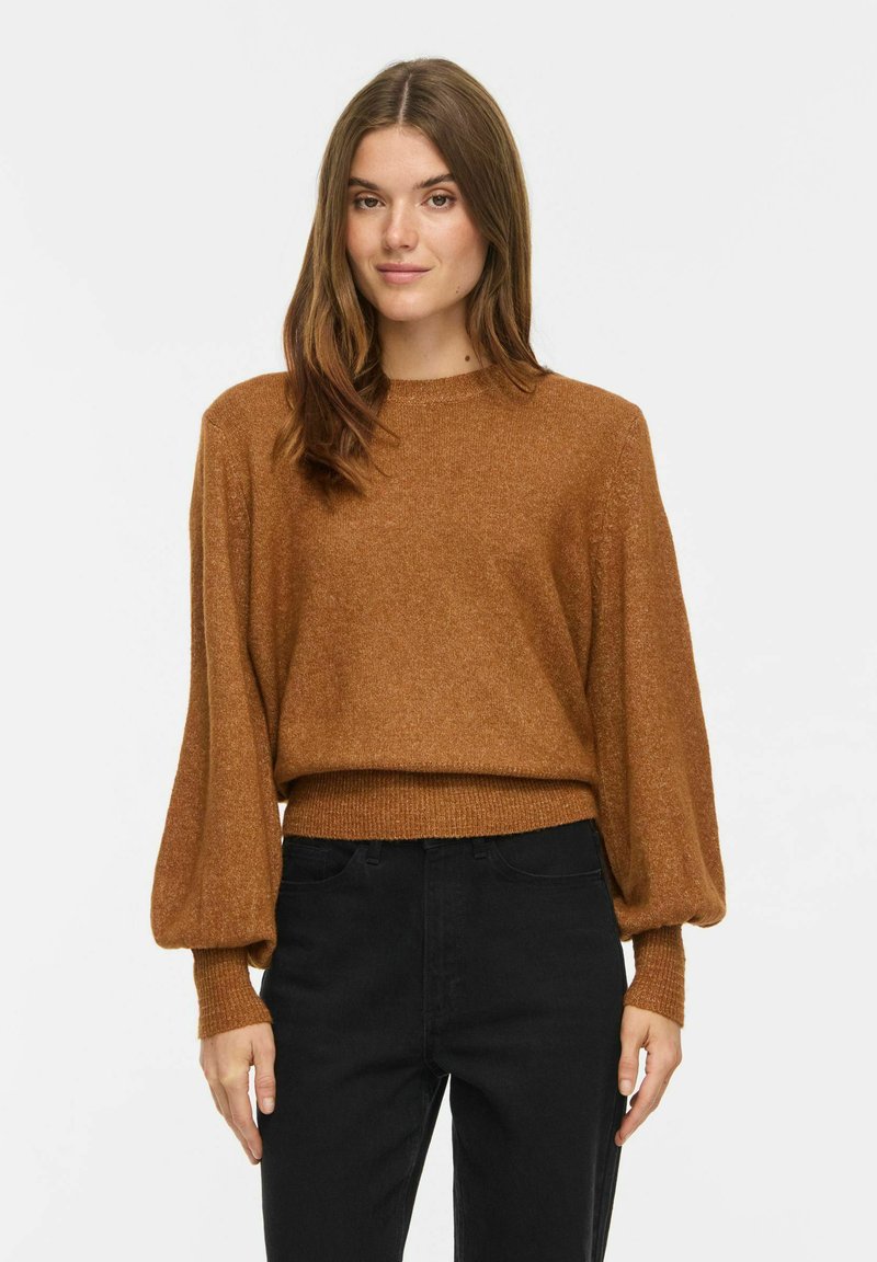 Femme aux longs cheveux bruns portant un pull marron à manches longues bouffantes et un pantalon noir taille haute sur fond blanc.