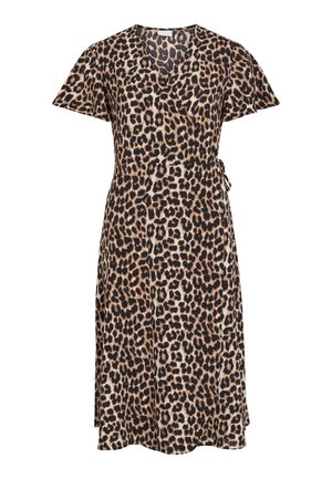 Φόρεμα σε ντραπέ στυλ μέχρι το γόνατο με κοντά μανίκια σε μοτίβο λεοπάρδαλη, με ζώνη που δένει στο πλάι και λαιμόκοψη σε σχήμα V.