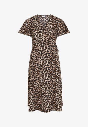 Φόρεμα σε ντραπέ στυλ μέχρι το γόνατο με κοντά μανίκια σε μοτίβο λεοπάρδαλη, με ζώνη που δένει στο πλάι και λαιμόκοψη σε σχήμα V.