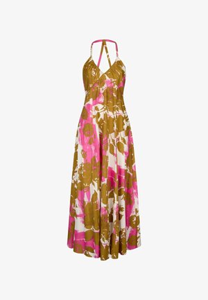Maxi vestito con stampa floreale in rosa e verde oliva su uno sfondo bianco. Presenta un collo all'americana e un tessuto fluido.