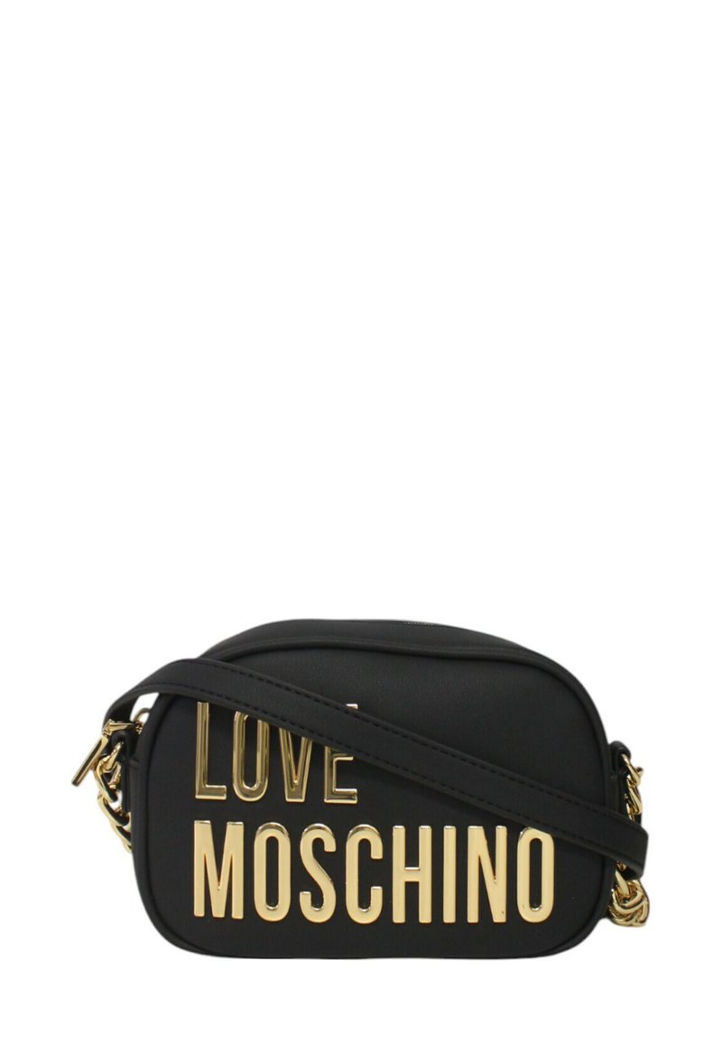 Borsa a tracolla nera con lettering dorato "LOVE MOSCHINO", materiale sintetico, forma curvata, tracolla regolabile e dettaglio in catena dorata.
