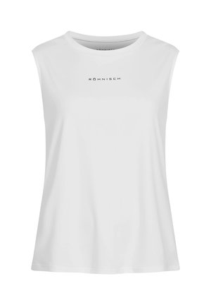 Top sportivo bianco senza maniche con scollo rotondo, con stampa del logo nero sul petto. Realizzato in tessuto liscio e leggero.