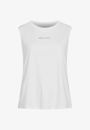 Top sportivo bianco senza maniche con scollo rotondo, con stampa del logo nero sul petto. Realizzato in tessuto liscio e leggero.