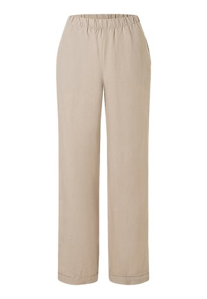 Beige Hose mit lockerem Schnitt, elastischem Bund und geraden Beinen, ohne sichtbare Taschen oder Verzierungen, geeignet für den Freizeitbereich.