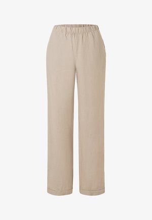 Beige Hose mit lockerem Schnitt, elastischem Bund und geraden Beinen, ohne sichtbare Taschen oder Verzierungen, geeignet für den Freizeitbereich.