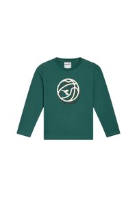 Maglietta verde a maniche lunghe in cotone con una grafica circolare frontale in tonalità crema e marrone. Girocollo e vestibilità dritta.