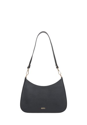 Black leather shoulder bag with a curved shape. Features gold hardware and a logo embossed at the front. Smooth texture.