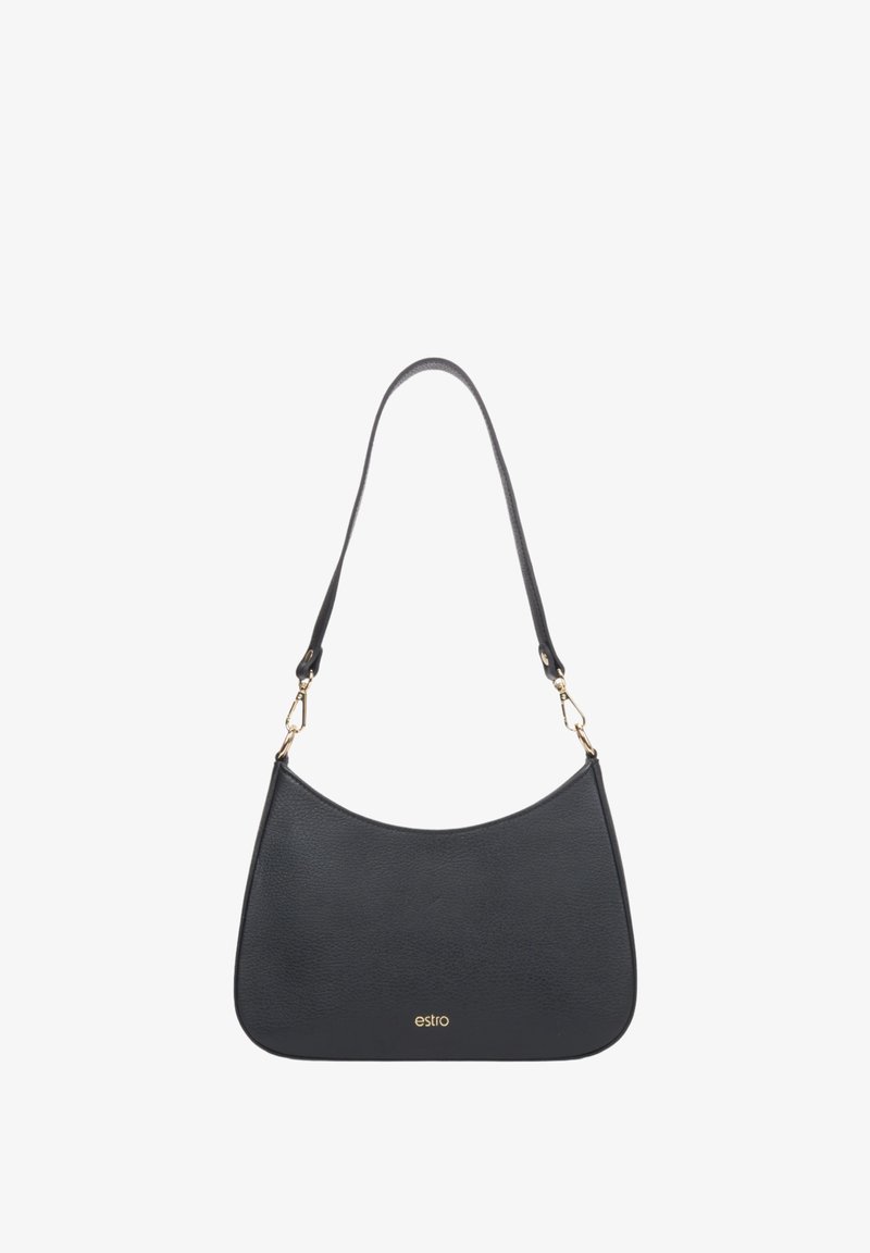 Czarna skórzana torba na ramię o zaokrąglonym kształcie. Posiada złote elementy oraz wytłoczone logo z przodu. Gładka tekstura.