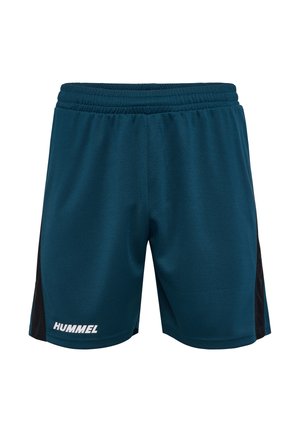 Teal sportsshorts med elastisk talje, der har sorte sideaccenter og hvid "HUMMEL" branding nederst til venstre. Glat overflade.