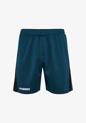 Teal sportsshorts med elastisk talje, der har sorte sideaccenter og hvid "HUMMEL" branding nederst til venstre. Glat overflade.