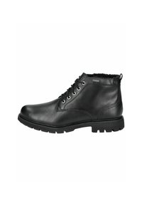 Botas de tobillo de cuero negro con un acabado suave, seis ojales y una suela resistente. Cuello forrado para mayor comodidad. Punta reforzada.