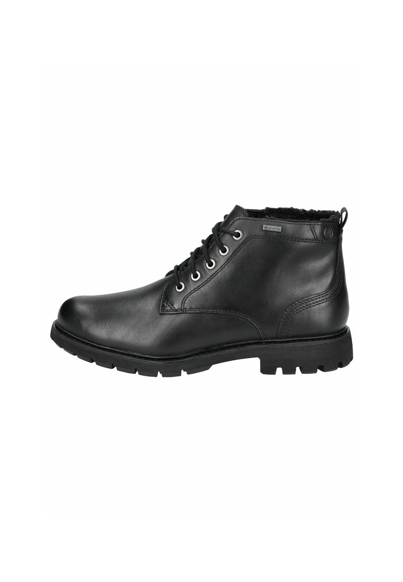 Botas de tobillo de cuero negro con un acabado suave, seis ojales y una suela resistente. Cuello forrado para mayor comodidad. Punta reforzada.