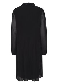 Schwarzes Kleid mit einem plissierten Design, hohem Ausschnitt und langen durchsichtigen Ärmeln. Leichter Stoff mit glatter Textur.