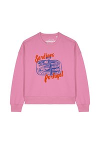 Rosa Sweatshirt mit einem Grafikdruck einer Sardinenbüchse, die blaue und orangefarbene Schriftzüge mit den Worten "Sardinen" und "Portugal" zeigt. Weicher Stoff; lässige Passform.