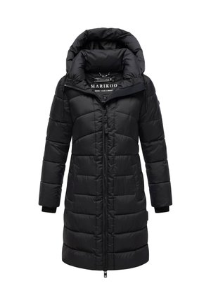Black long puffer coat with a hood, front zipper, side pockets, and ribbed wrist cuffs, designed for cold weather.