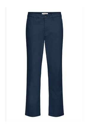 Pantalones azul marino de mezcla de algodón, con diseño de pierna recta, cierre de botón y bolsillos delanteros con cinturilla plana.