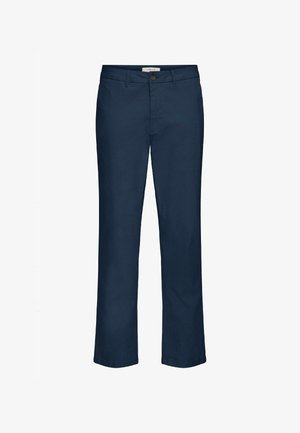 Pantalones azul marino de mezcla de algodón, con diseño de pierna recta, cierre de botón y bolsillos delanteros con cinturilla plana.