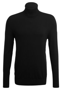 Svart polotröja gjord av mjukt, elastiskt material. Har lång ärm och en figursydd design med hög krage.