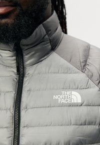 Close-up van een persoon die een lichtgrijze gewatteerde jack met ritssluiting draagt, met het "The North Face"-logo op de borst en een hoge kraag.