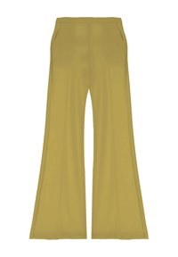 Pantaloni a palazzo in un solido colore senape, caratterizzati da una texture liscia, due tasche laterali e un'alta vita per un aspetto aderente.