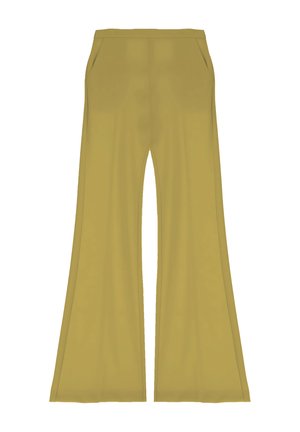 Pantaloni a palazzo in un solido colore senape, caratterizzati da una texture liscia, due tasche laterali e un'alta vita per un aspetto aderente.