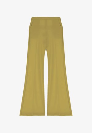 Pantaloni a palazzo in un solido colore senape, caratterizzati da una texture liscia, due tasche laterali e un'alta vita per un aspetto aderente.