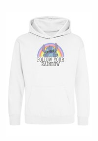 Felpa bianca con cappuccio e tasca frontale, caratterizzata da una grafica arcobaleno colorata e dal testo "SEGUI IL TUO ARCOBALENO" sopra un design di personaggio dei cartoni animati.