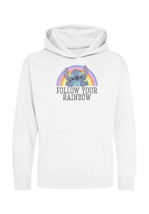 Felpa bianca con cappuccio e tasca frontale, caratterizzata da una grafica arcobaleno colorata e dal testo "SEGUI IL TUO ARCOBALENO" sopra un design di personaggio dei cartoni animati.