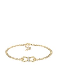 Bracelet plaqué or avec un charm en symbole d'infini, comportant de petites pierres précieuses transparentes au centre, reliées par une délicate chaîne.