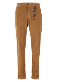 Bruine ribfluweel broek met een voorknoop, rits, riemlussen, manchetten en een zwarte hangtag die aan de taille is bevestigd.