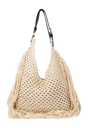 Beige strikket skuldertaske med lange frynser i siderne og en sort justerbar læderrem.