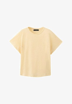 Tricou bej cu mâneci scurte, decolteu rotund și croială lejeră, expus pe un fundal alb.