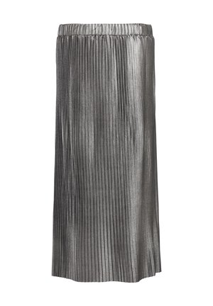 Metallische plooienrok met een elastische tailleband; beschikt over een vloeiende silhouet in glanzend zilver fabric, met verticale textuur.